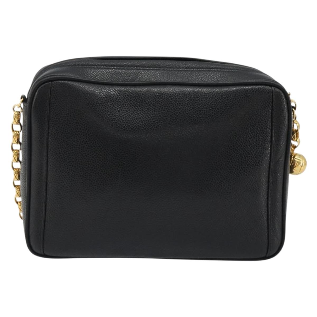 CHANEL Chain Shoulder Bag Caviar Skin Black Gold CC Auth ka4989V