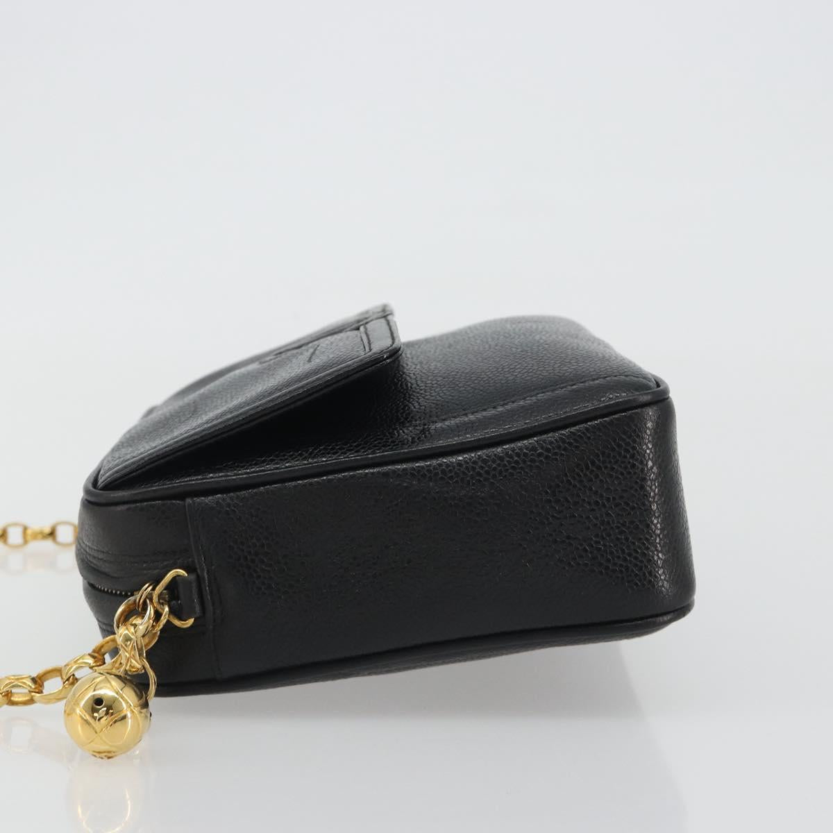 CHANEL Chain Shoulder Bag Caviar Skin Black Gold CC Auth ka4989V