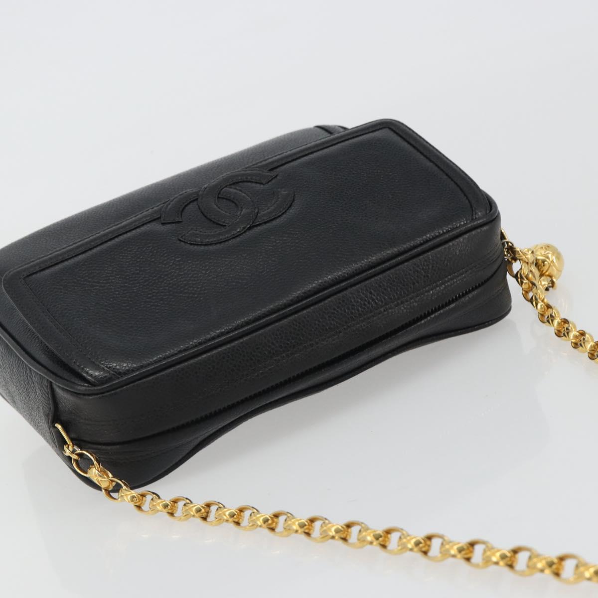CHANEL Chain Shoulder Bag Caviar Skin Black Gold CC Auth ka4989V