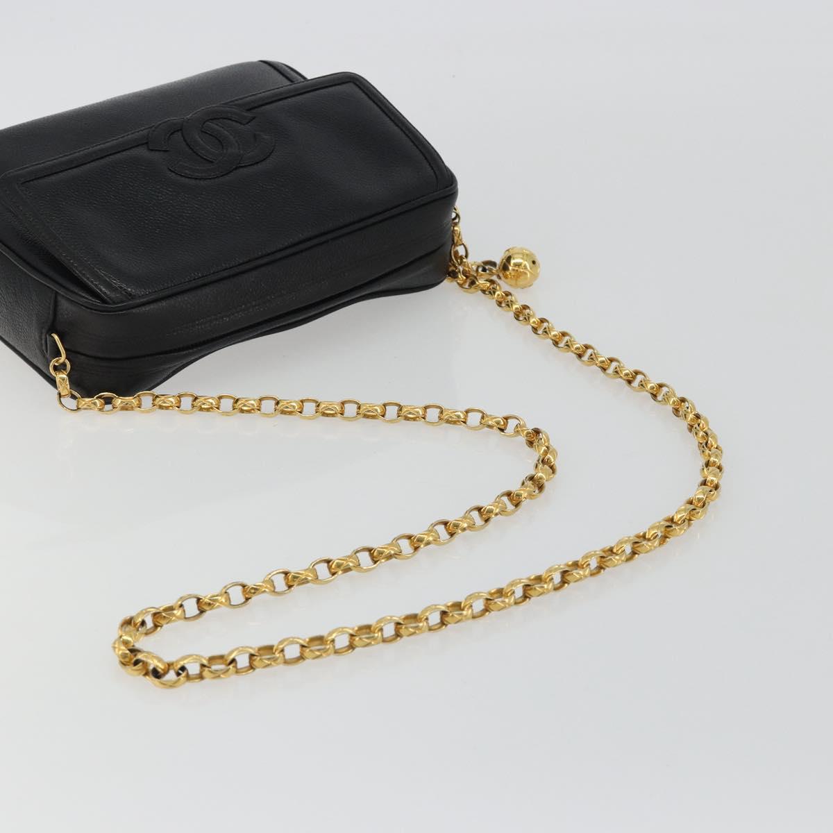 CHANEL Chain Shoulder Bag Caviar Skin Black Gold CC Auth ka4989V