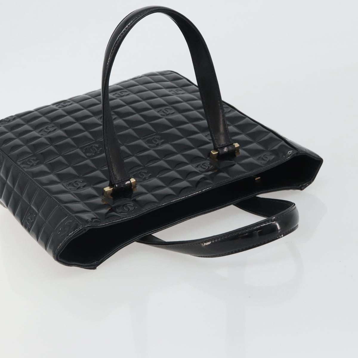 CHANEL Choco Bar Hand Bag Patent leather Black Gold CC Auth ka4990
