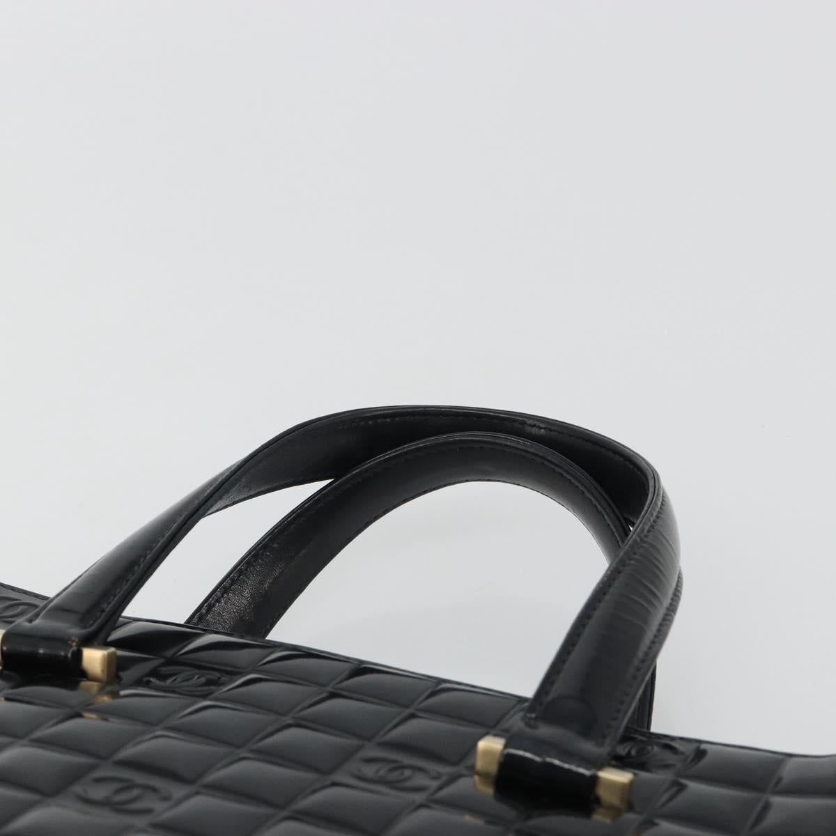 CHANEL Choco Bar Hand Bag Patent leather Black Gold CC Auth ka4990