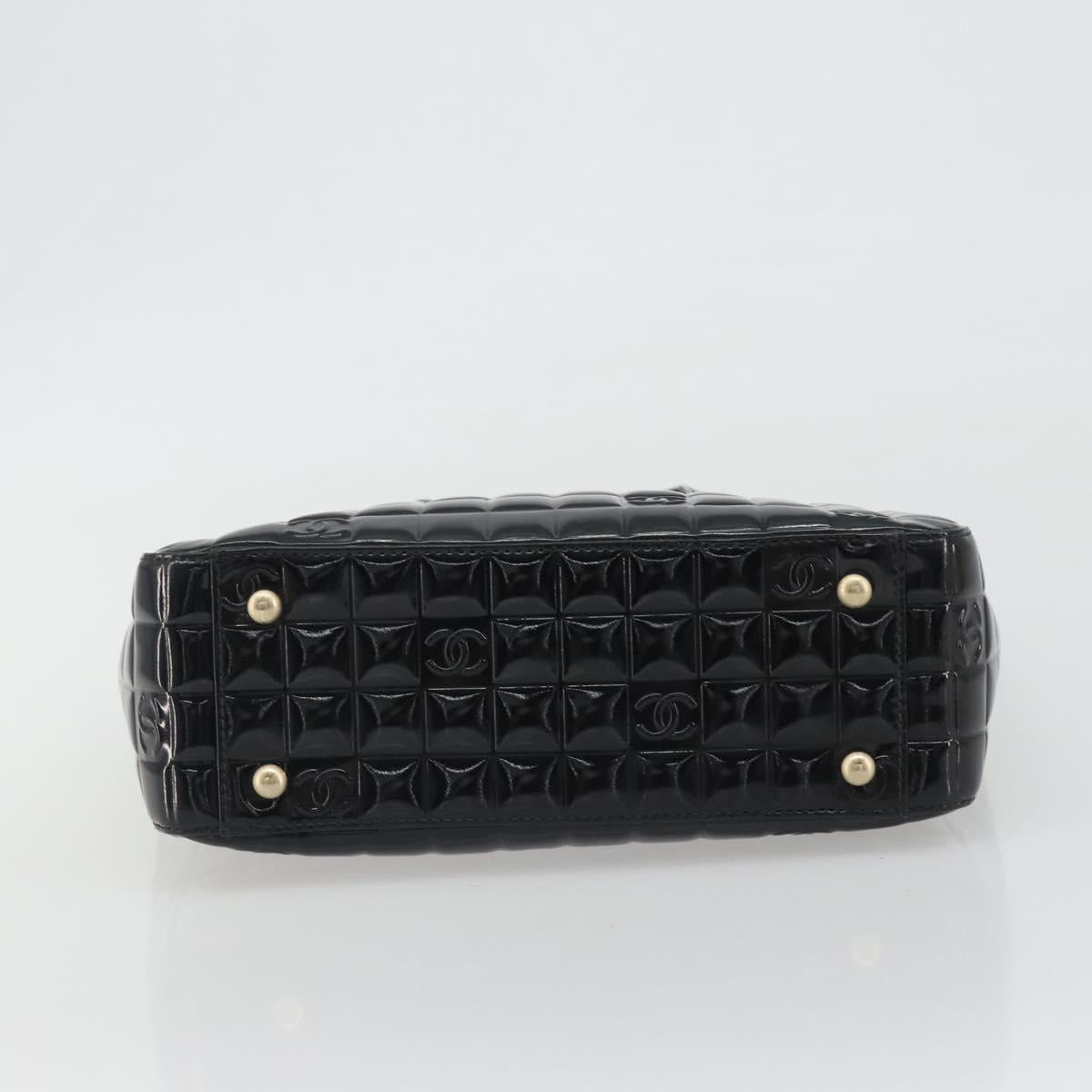 CHANEL Choco Bar Hand Bag Patent leather Black Gold CC Auth ka4990