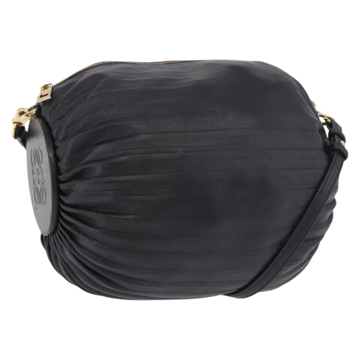 LOEWE Anagram Shoulder Bag Leather Navy Gold Auth ka4992A