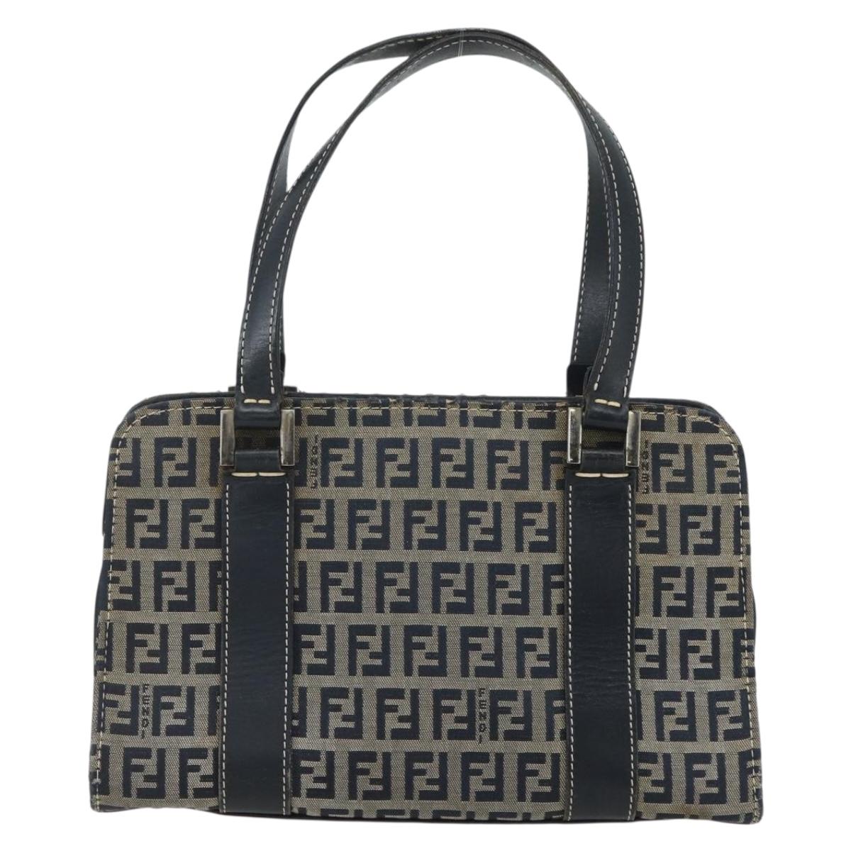 FENDI Zucchino Canvas Hand Bag Navy Silver Auth ka500
