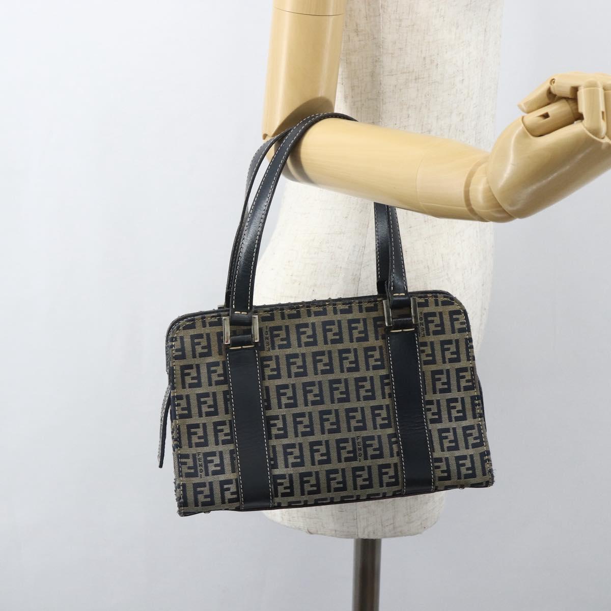 FENDI Zucchino Canvas Hand Bag Navy Silver Auth ka500