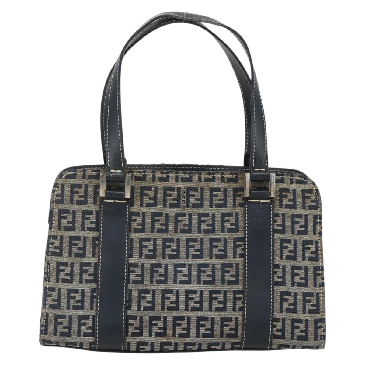 FENDI Zucchino Canvas Hand Bag Navy Silver Auth ka500