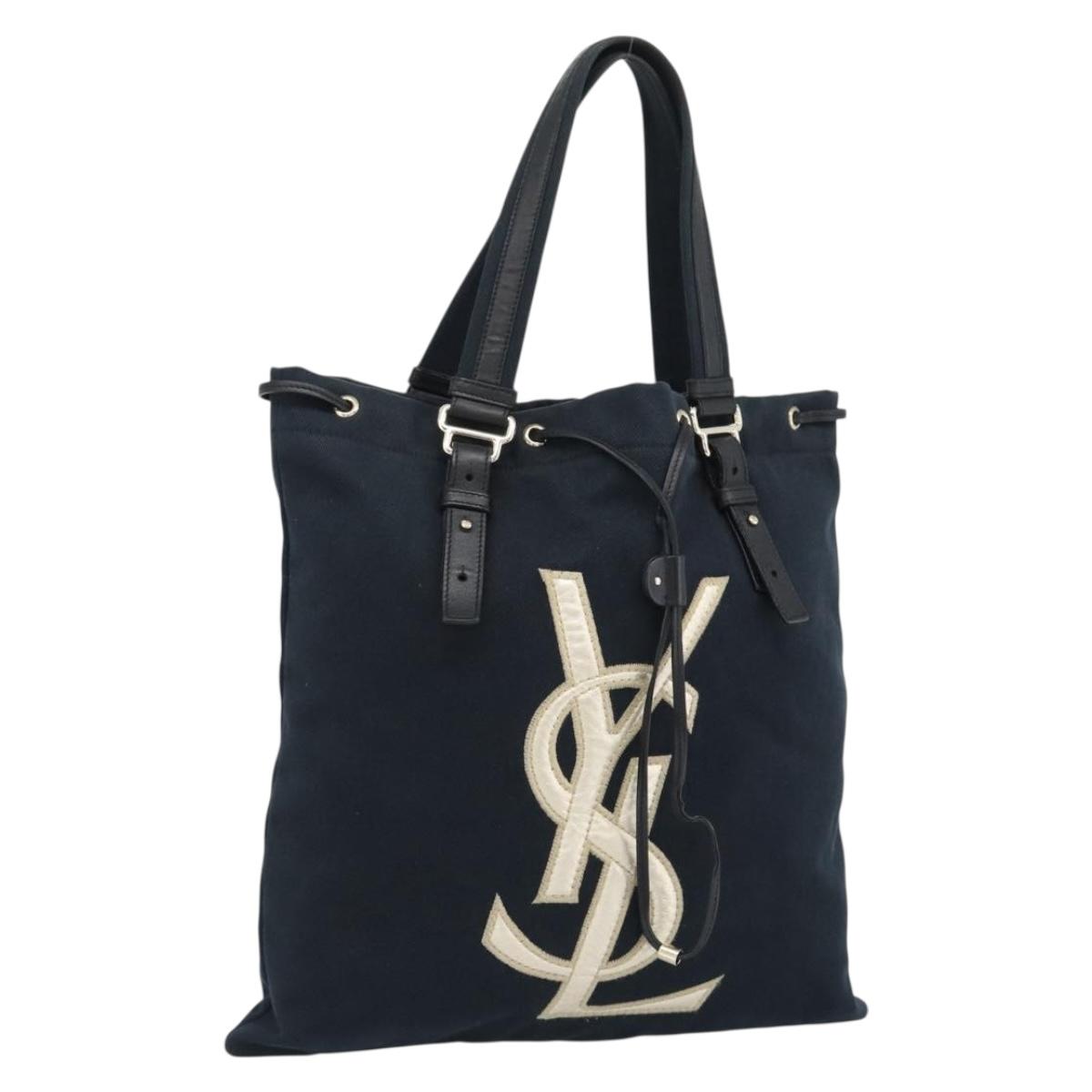 SAINT LAURENT Kahala Tote Bag Canvas Navy Gold Auth ka5001A