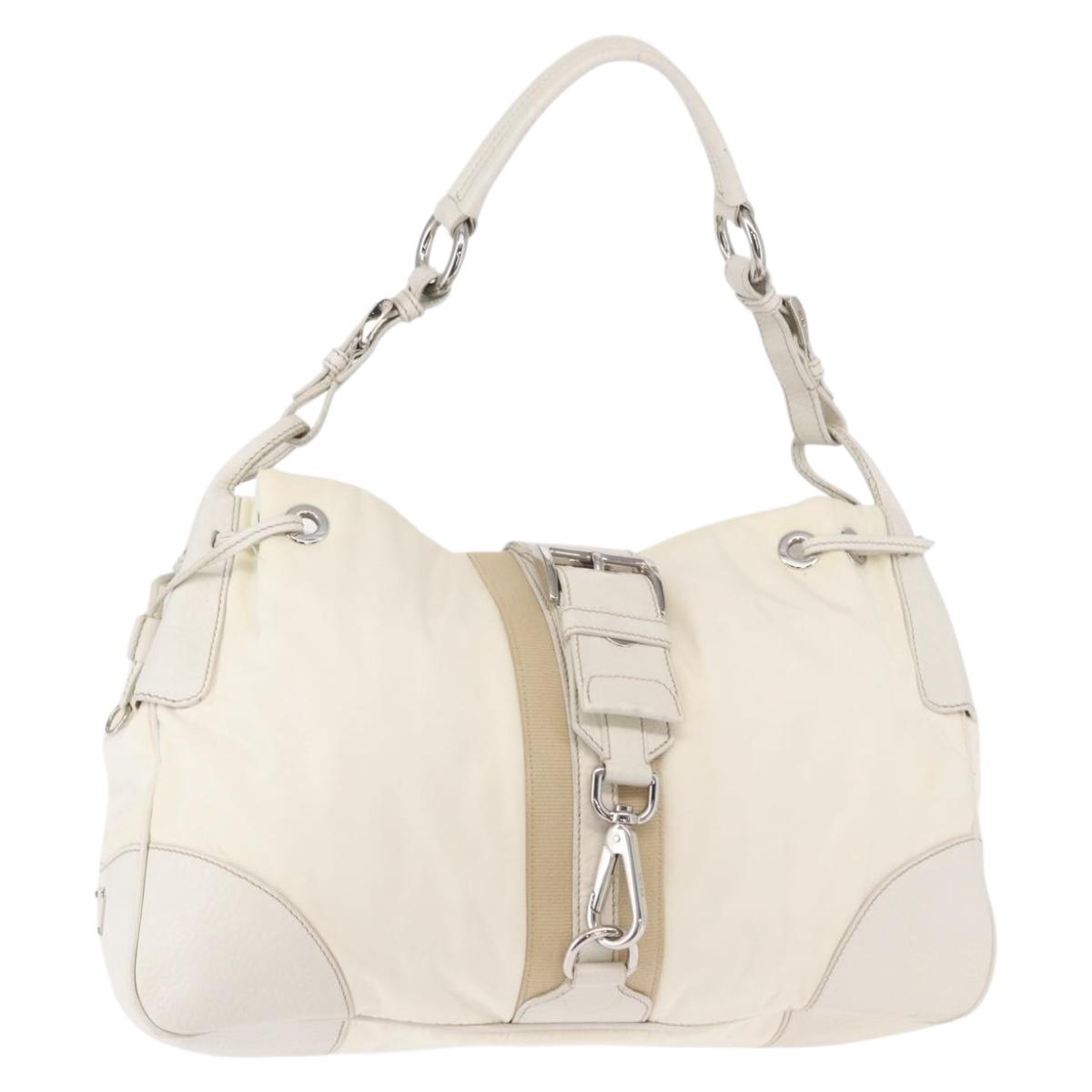 PRADA Shoulder Bag Nylon Leather White Silver Auth ka501