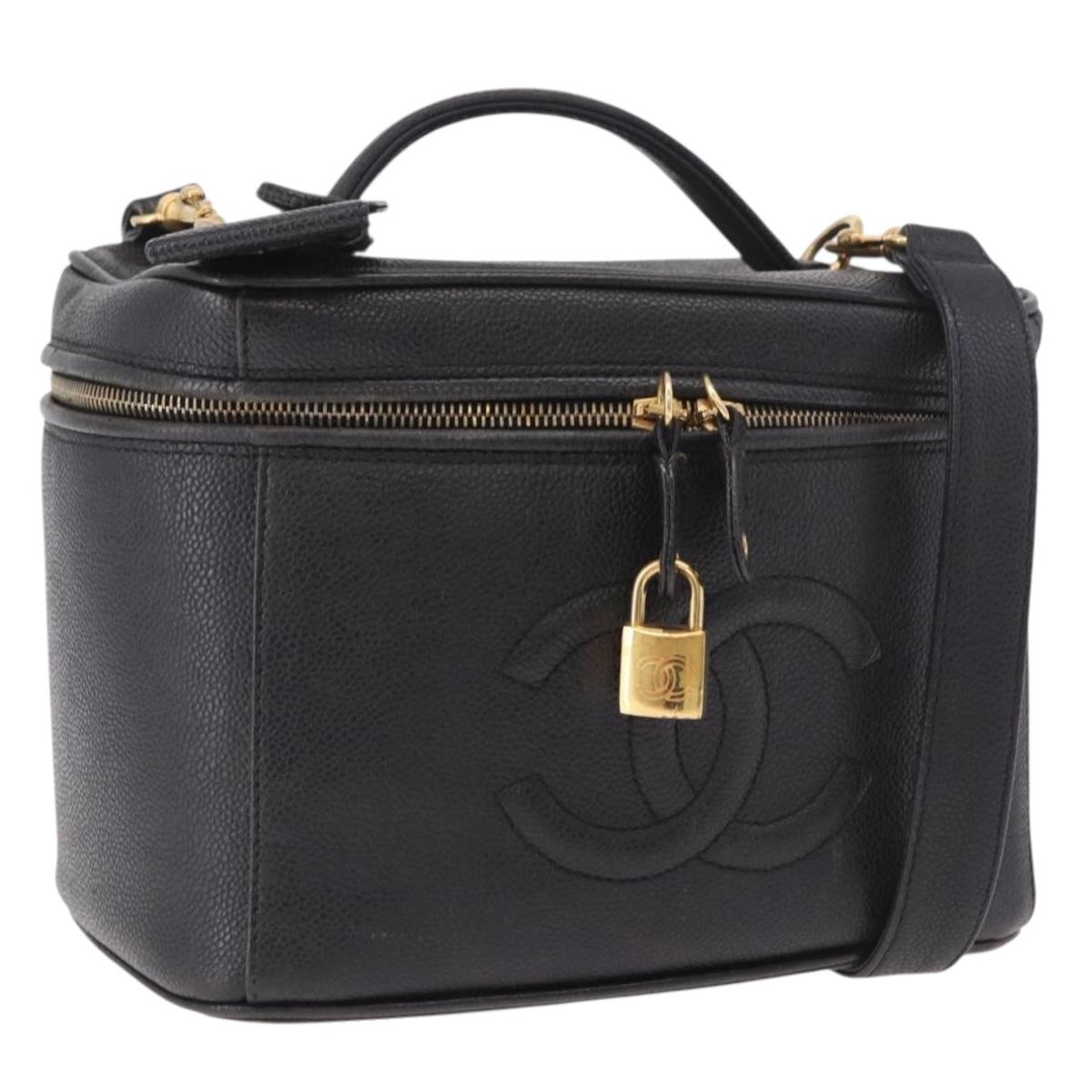 CHANEL Vanity Hand Bag Caviar Skin 2way Black Gold CC Auth ka5010