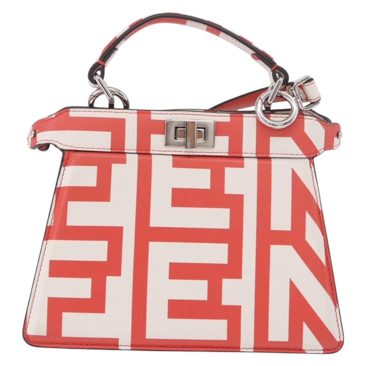 FENDI Mini Peek A Boo Hand Bag Leather 2way White Silver Auth ka5017M