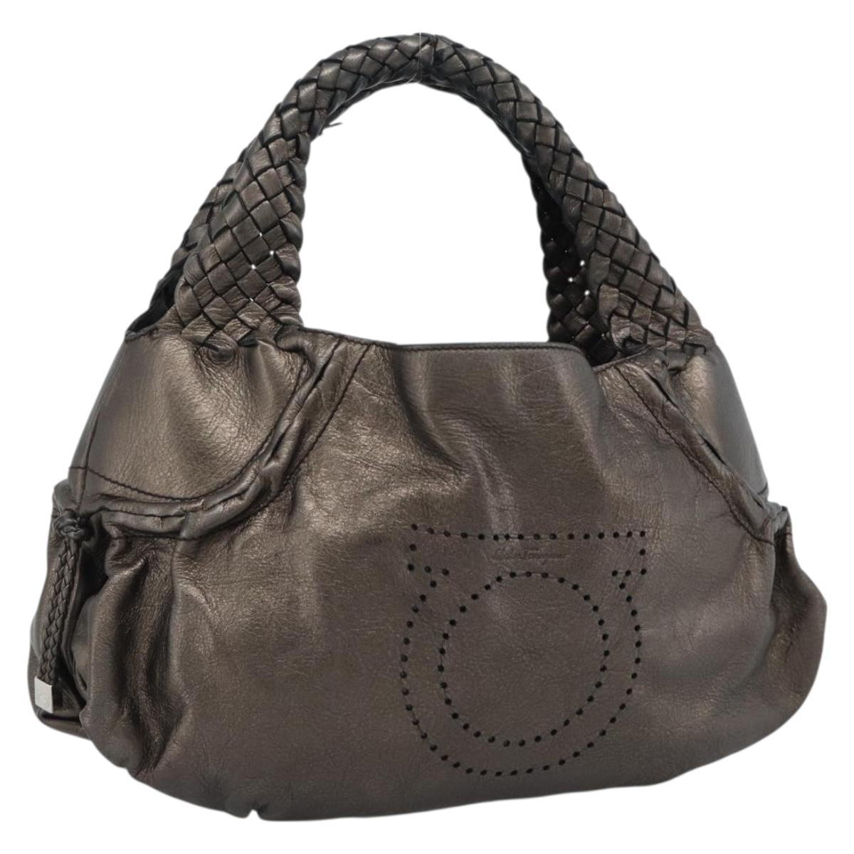 Salvatore Ferragamo Hand Bag Leather Silver Auth ka5023