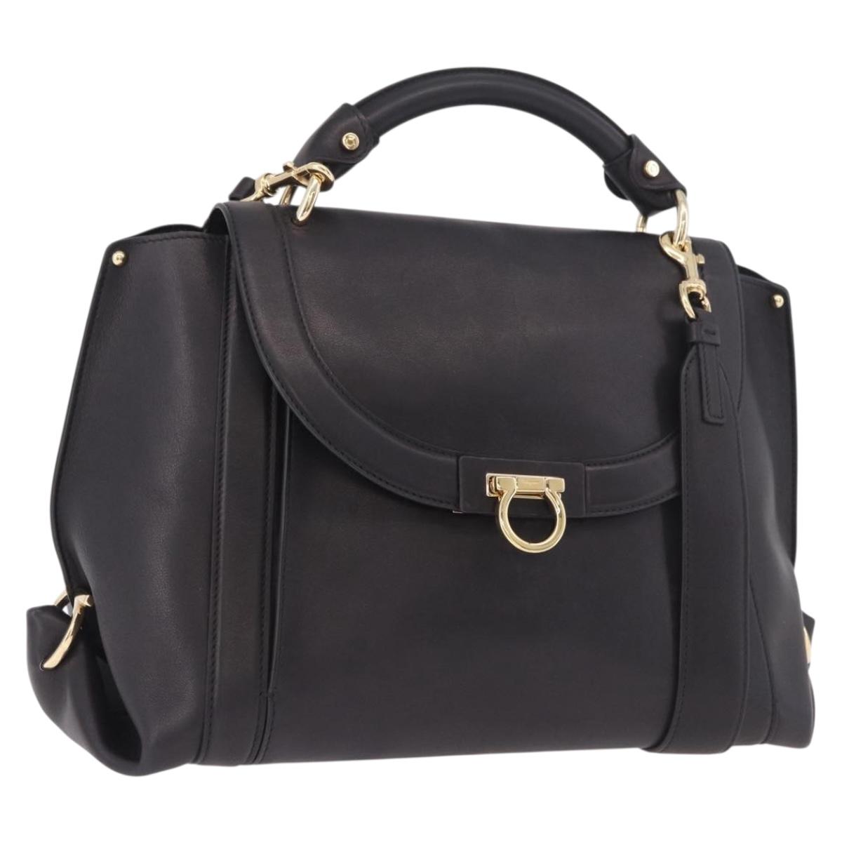 Salvatore Ferragamo Gancini Hand Bag Leather 2way Black Gold Auth ka5024A