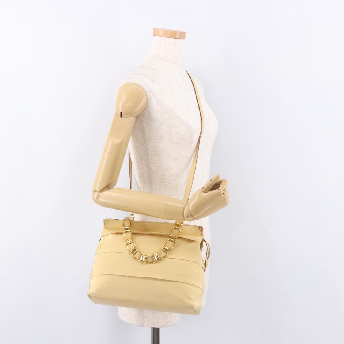 Salvatore Ferragamo Chain Hand Bag Canvas 2way Yellow Gold Auth ka5026