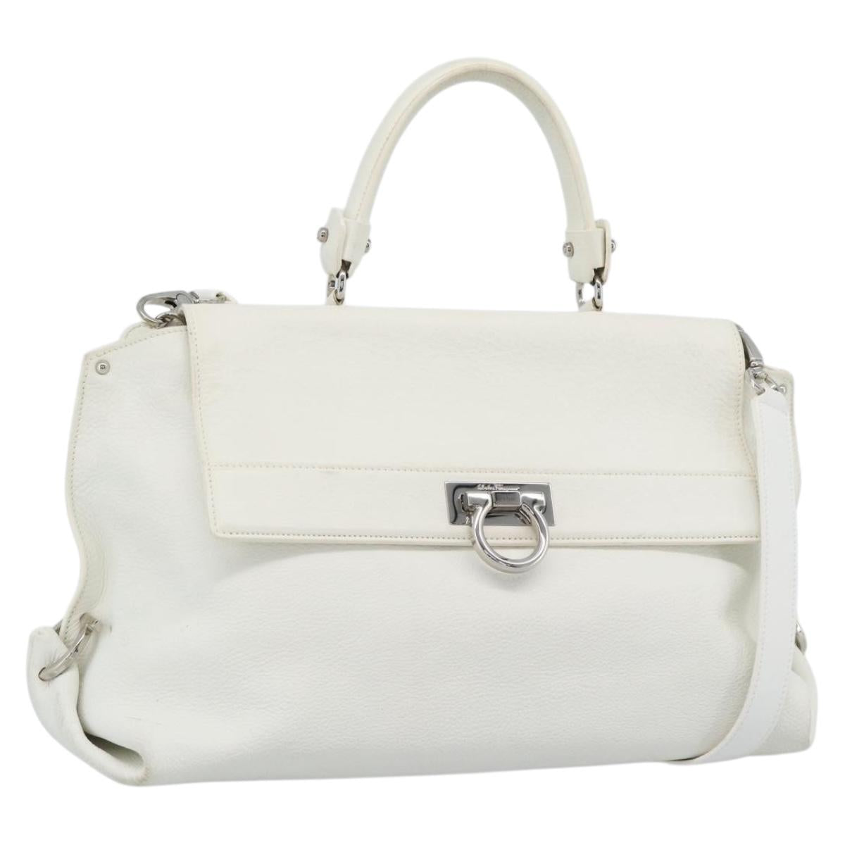 Salvatore Ferragamo Gancini Hand Bag Leather 2way White Gold Auth ka5027
