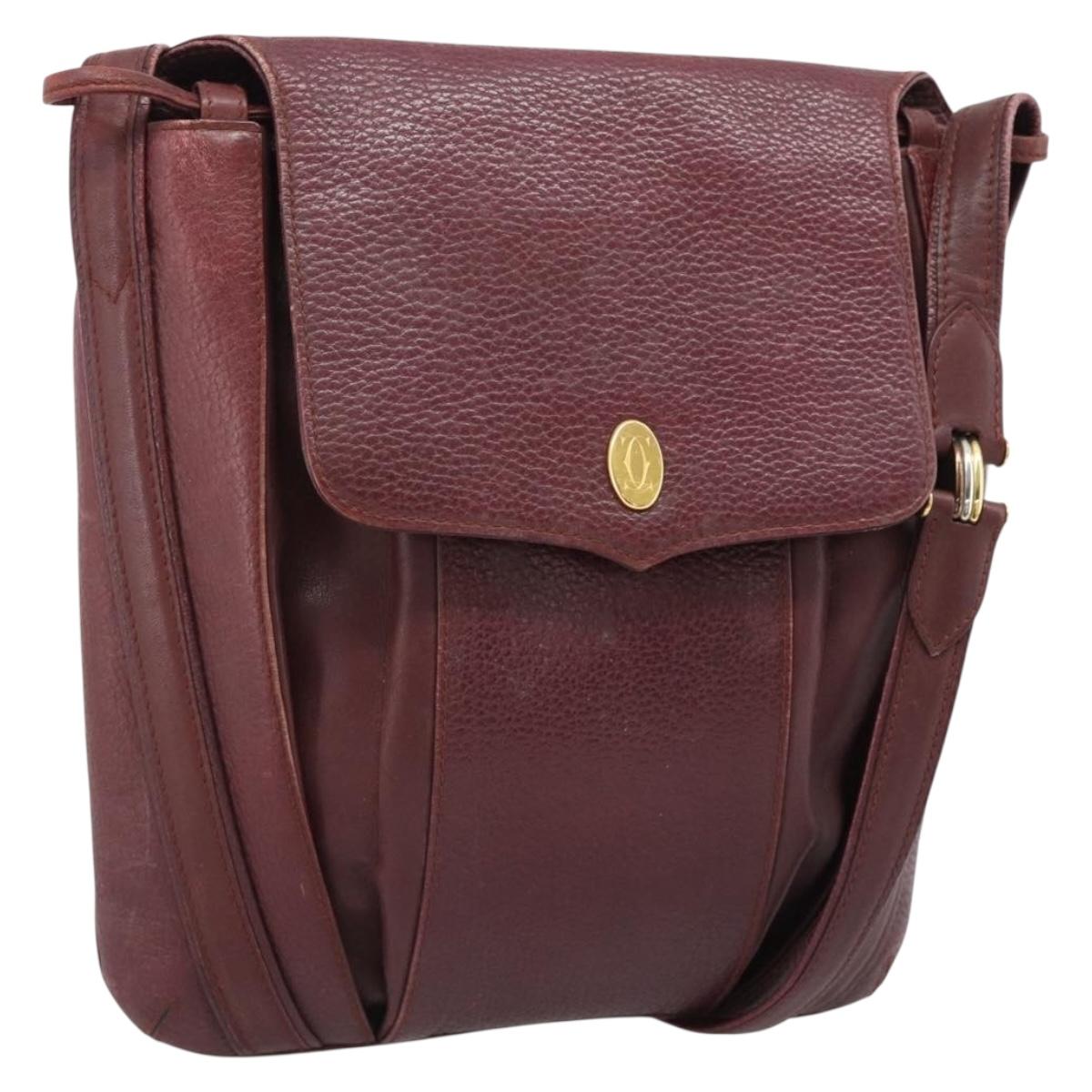 CARTIER Must Line Shoulder Bag Leather Bordeaux Gold Auth ka5030