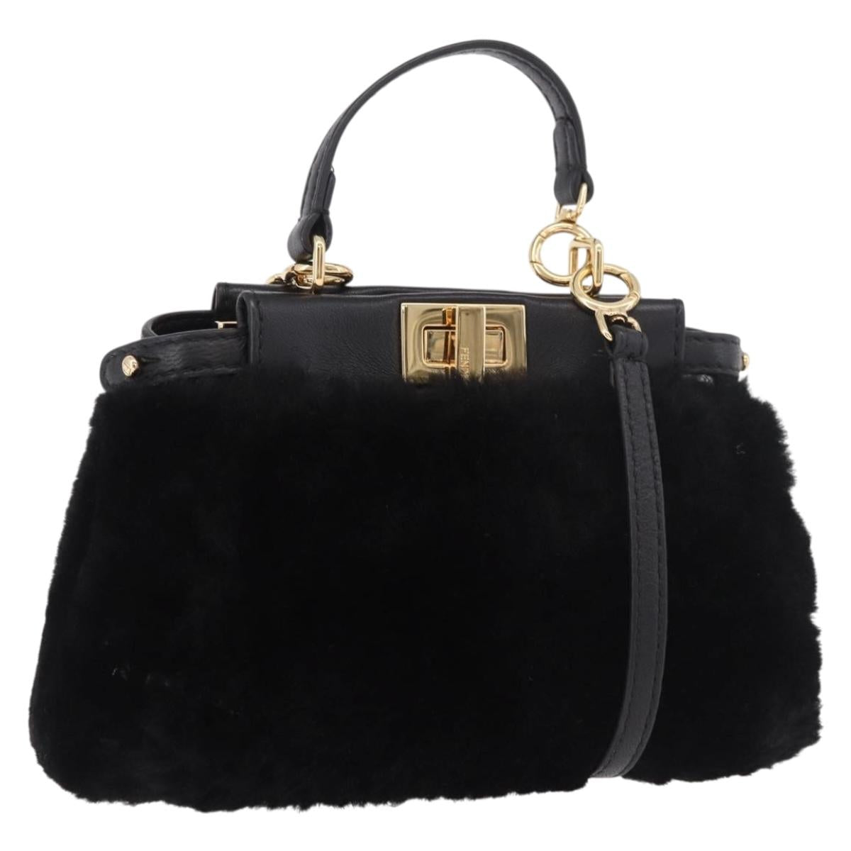 FENDI Micro Peek A Boo Hand Bag Shearing Black Gold Auth ka5035M