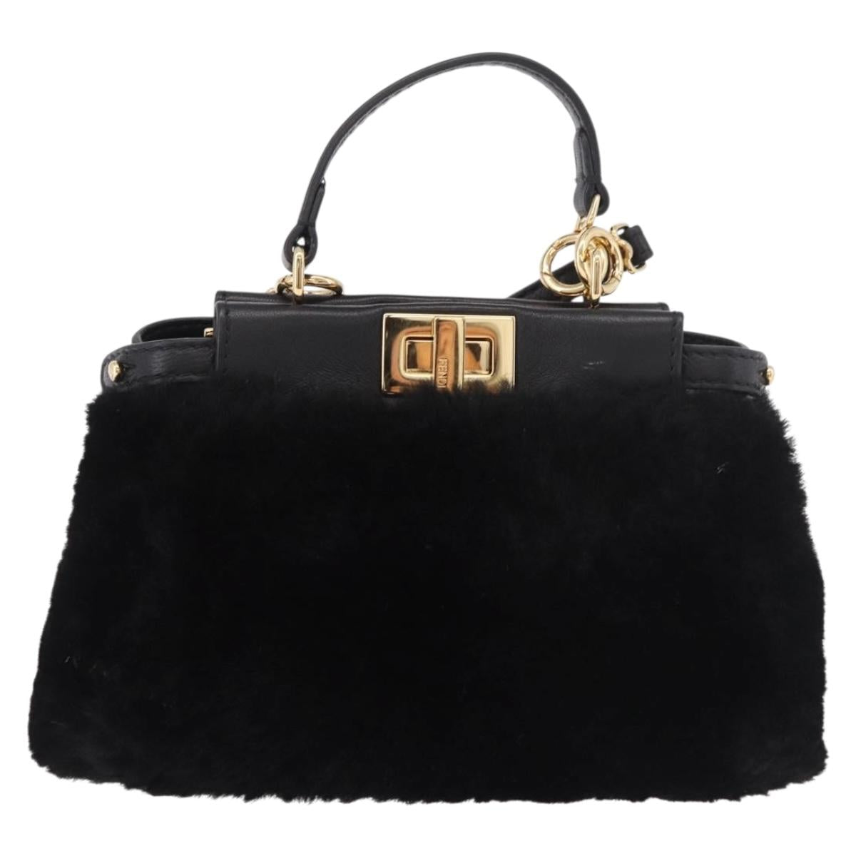 FENDI Micro Peek A Boo Hand Bag Shearing Black Gold Auth ka5035M