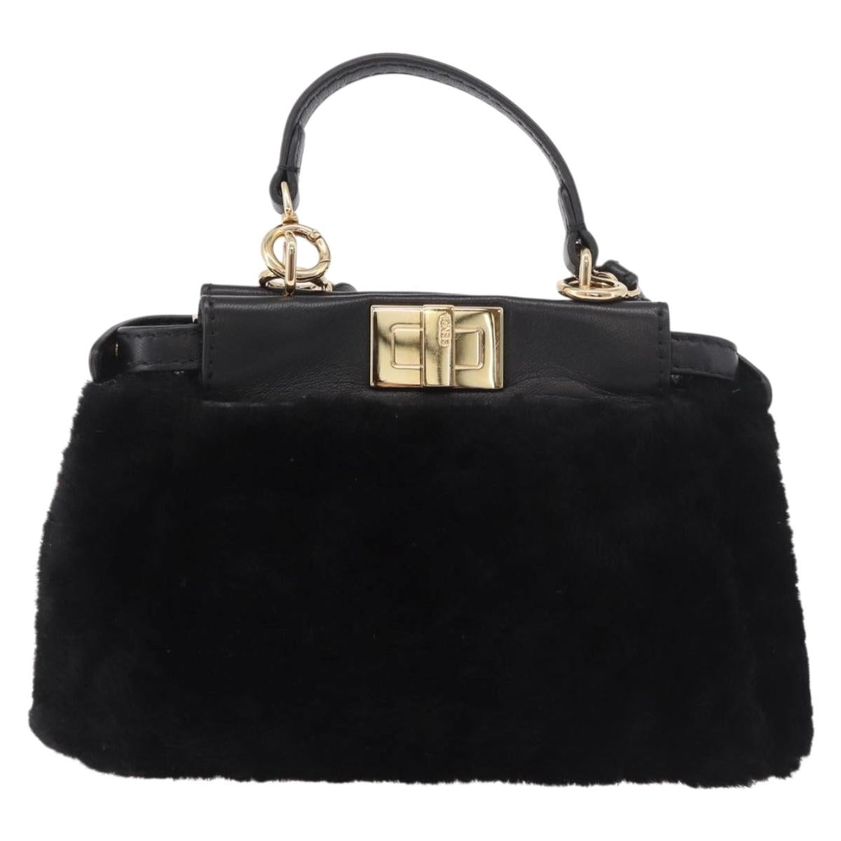 FENDI Micro Peek A Boo Hand Bag Shearing Black Gold Auth ka5035M