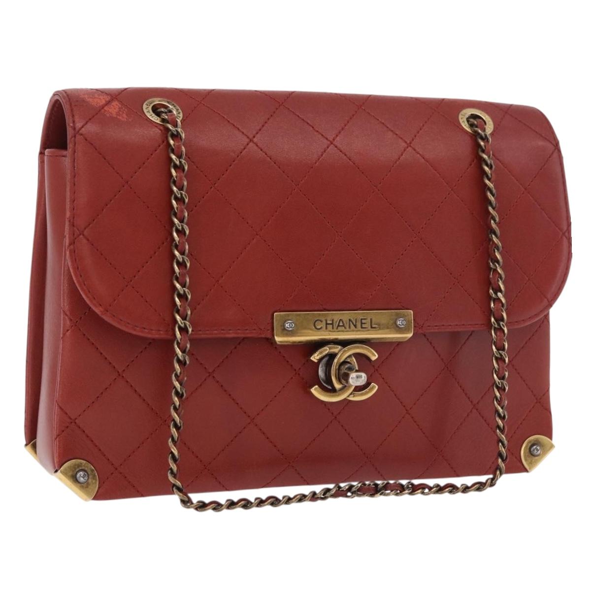 CHANEL Matelasse Chain Shoulder Bag Lamb Skin Red Gold CC Auth ka5036M