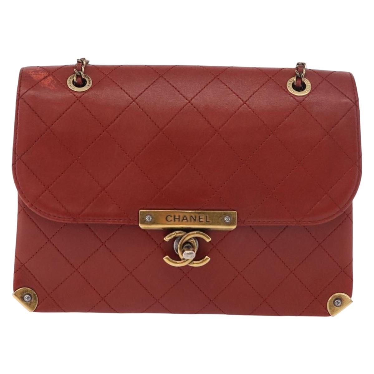 CHANEL Matelasse Chain Shoulder Bag Lamb Skin Red Gold CC Auth ka5036M