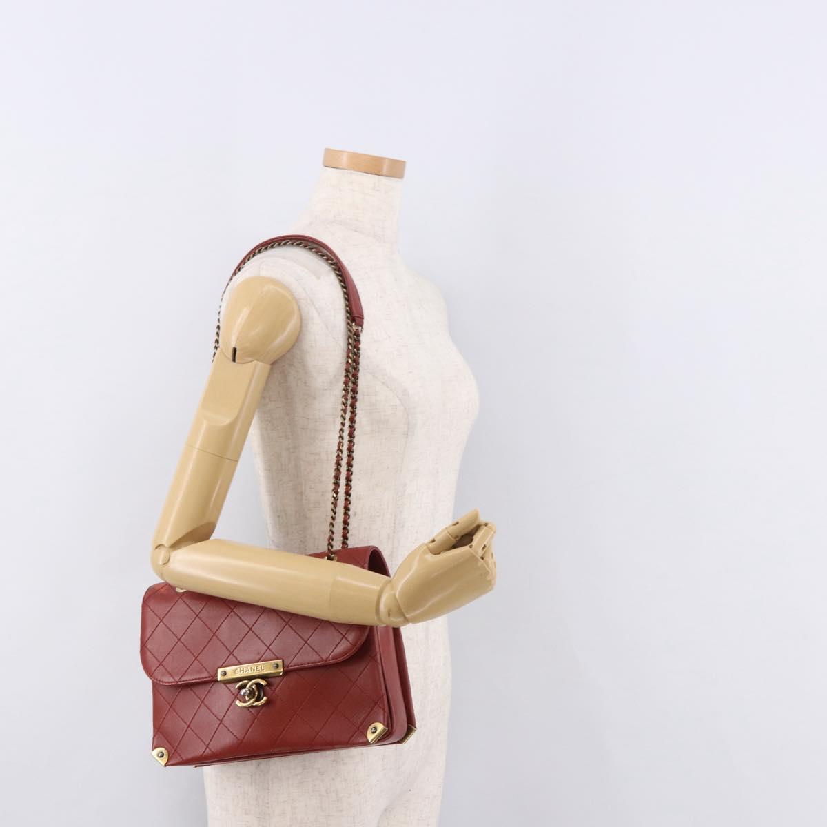 CHANEL Matelasse Chain Shoulder Bag Lamb Skin Red Gold CC Auth ka5036M