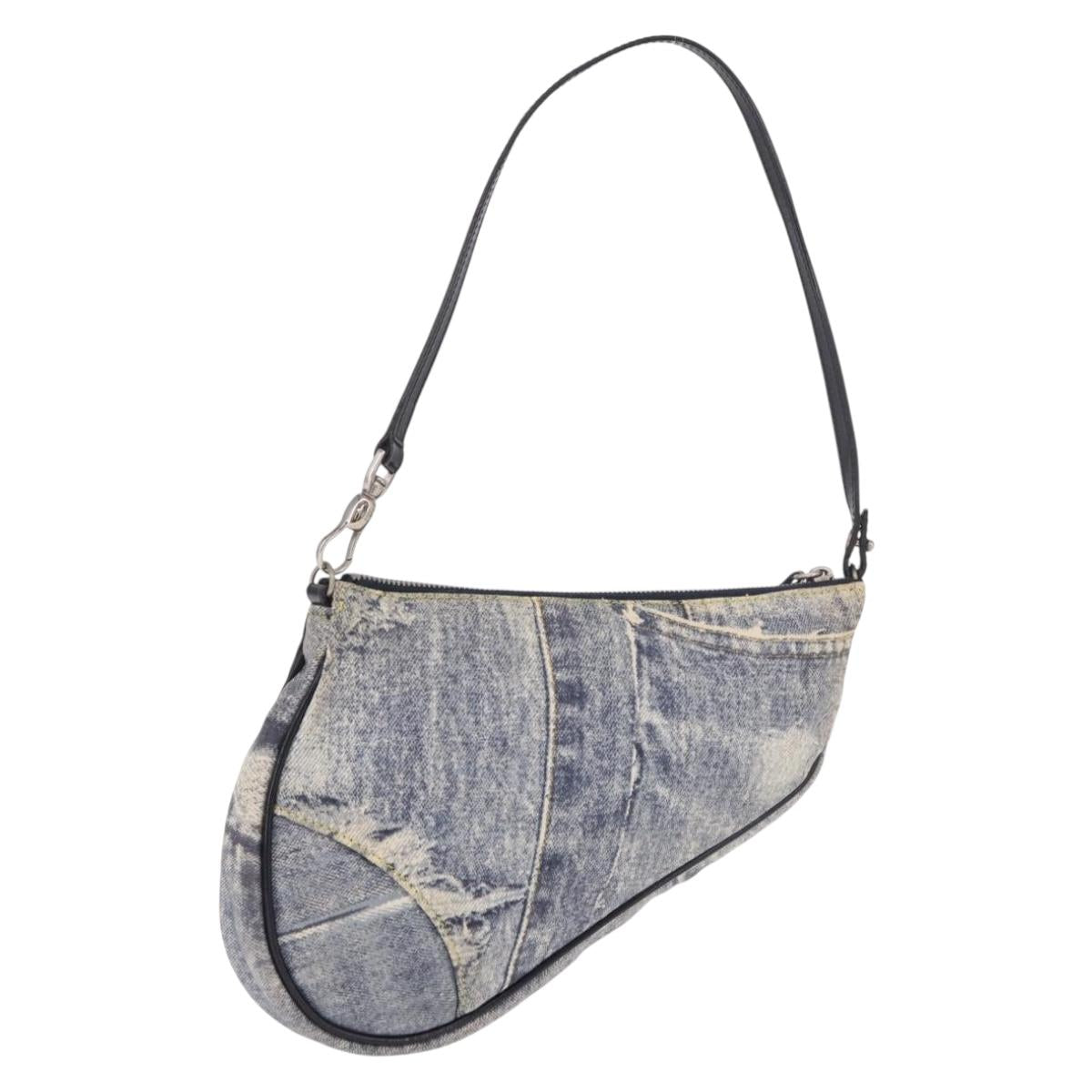 Christian Dior Saddle Pouch Accessory Pouch Denim Blue Silver Auth ka5037V