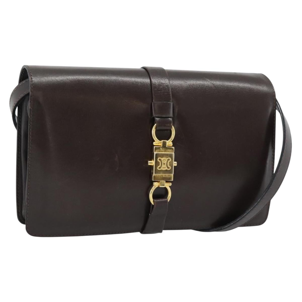 CELINE Shoulder Bag Leather Brown Gold Auth ka5038