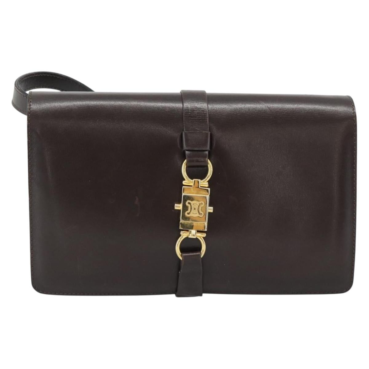 CELINE Shoulder Bag Leather Brown Gold Auth ka5038