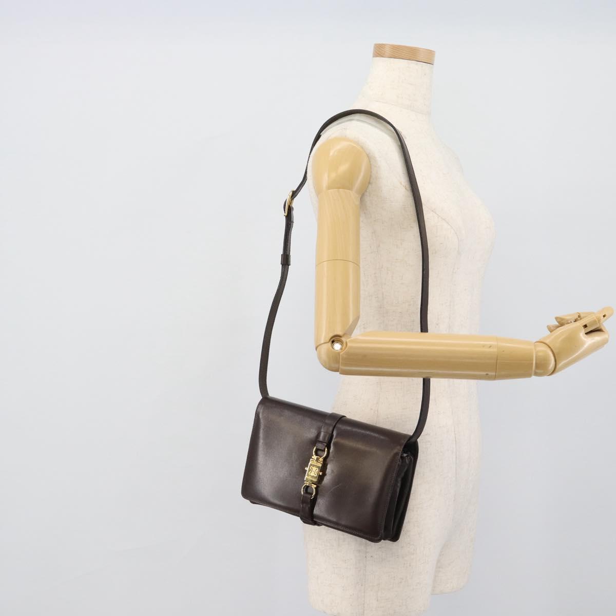 CELINE Shoulder Bag Leather Brown Gold Auth ka5038