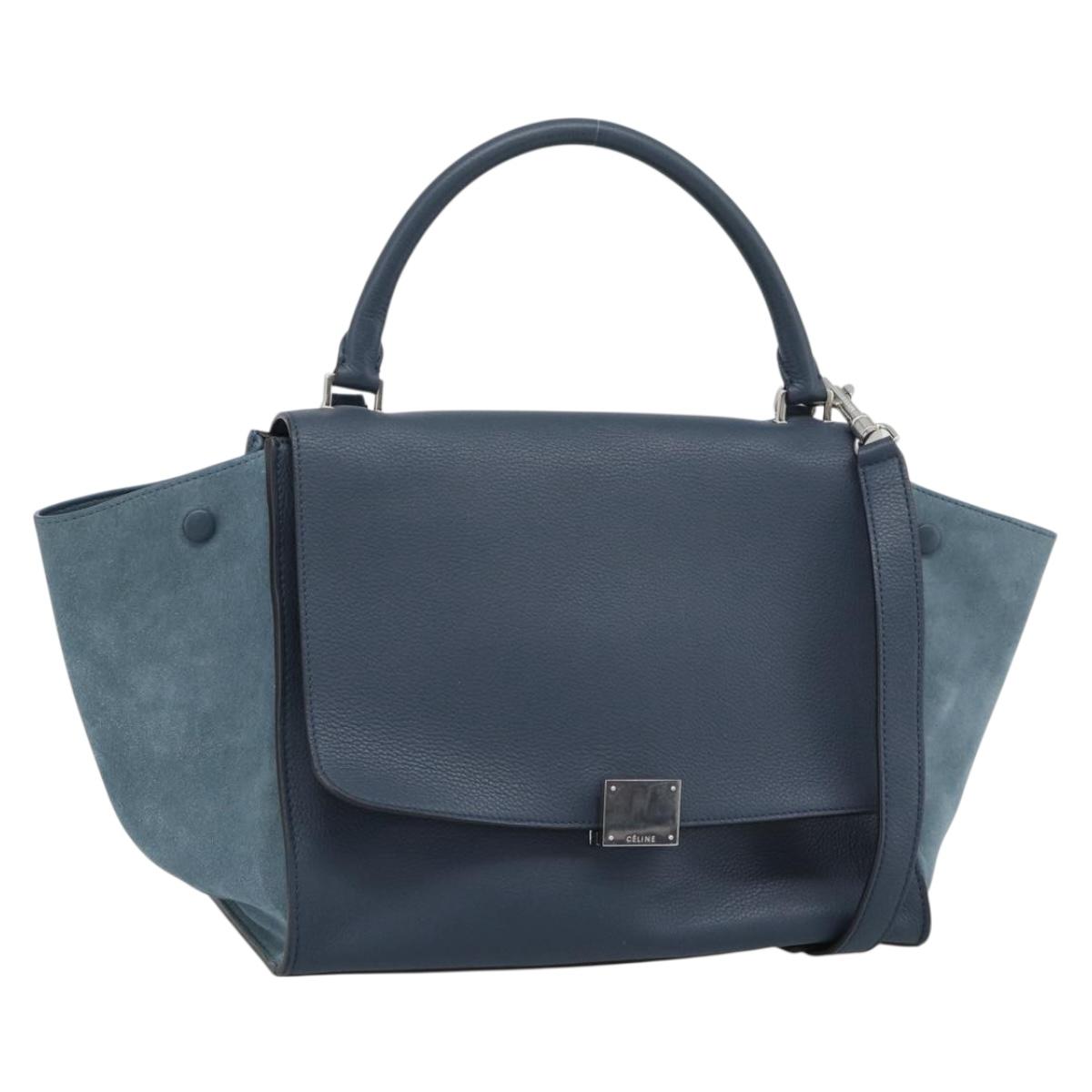 CELINE Trapeze Hand Bag Suede Leather 2way Blue Gold Auth ka5040