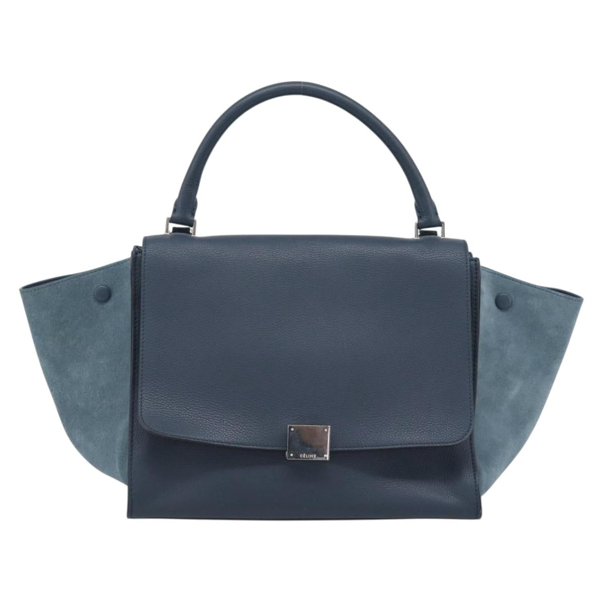 CELINE Trapeze Hand Bag Suede Leather 2way Blue Gold Auth ka5040