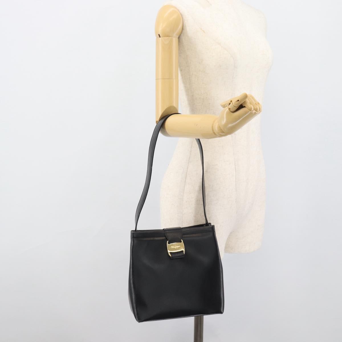 Salvatore Ferragamo Vala Shoulder Bag Leather Black Gold Auth ka5045
