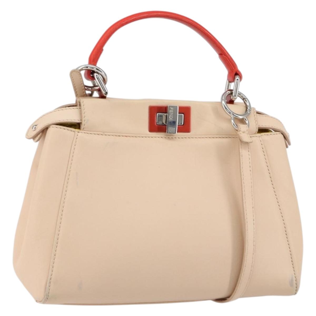 FENDI Mini Peek A Boo Hand Bag Leather 2way Beige Silver Auth ka505