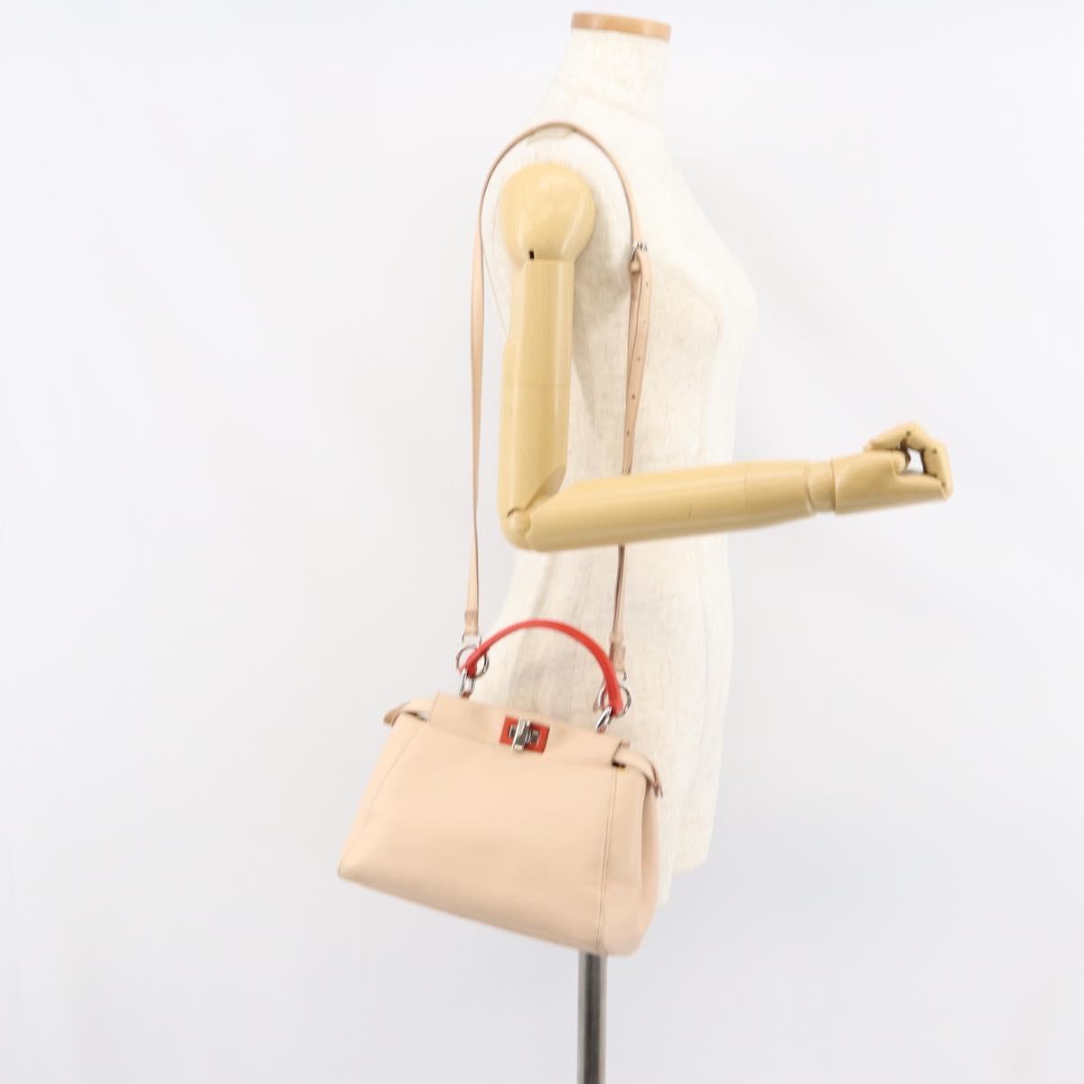 FENDI Mini Peek A Boo Hand Bag Leather 2way Beige Silver Auth ka505