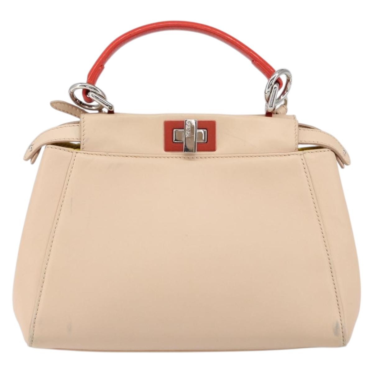 FENDI Mini Peek A Boo Hand Bag Leather 2way Beige Silver Auth ka505