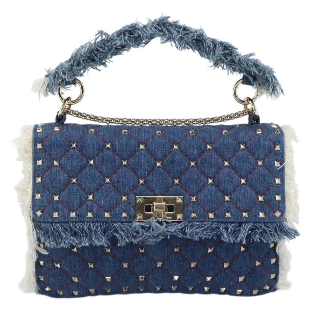 VALENTINO Hand Bag Denim 2way Blue Gold Auth ka5054M