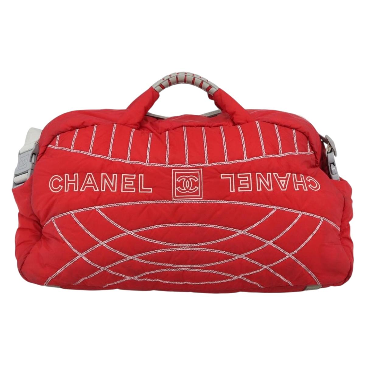 CHANEL Sports Line Boston Bag Nylon Red Silver CC Auth ka5057A