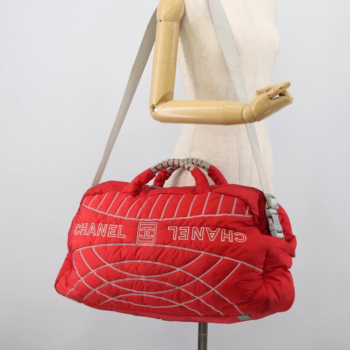 CHANEL Sports Line Boston Bag Nylon Red Silver CC Auth ka5057A