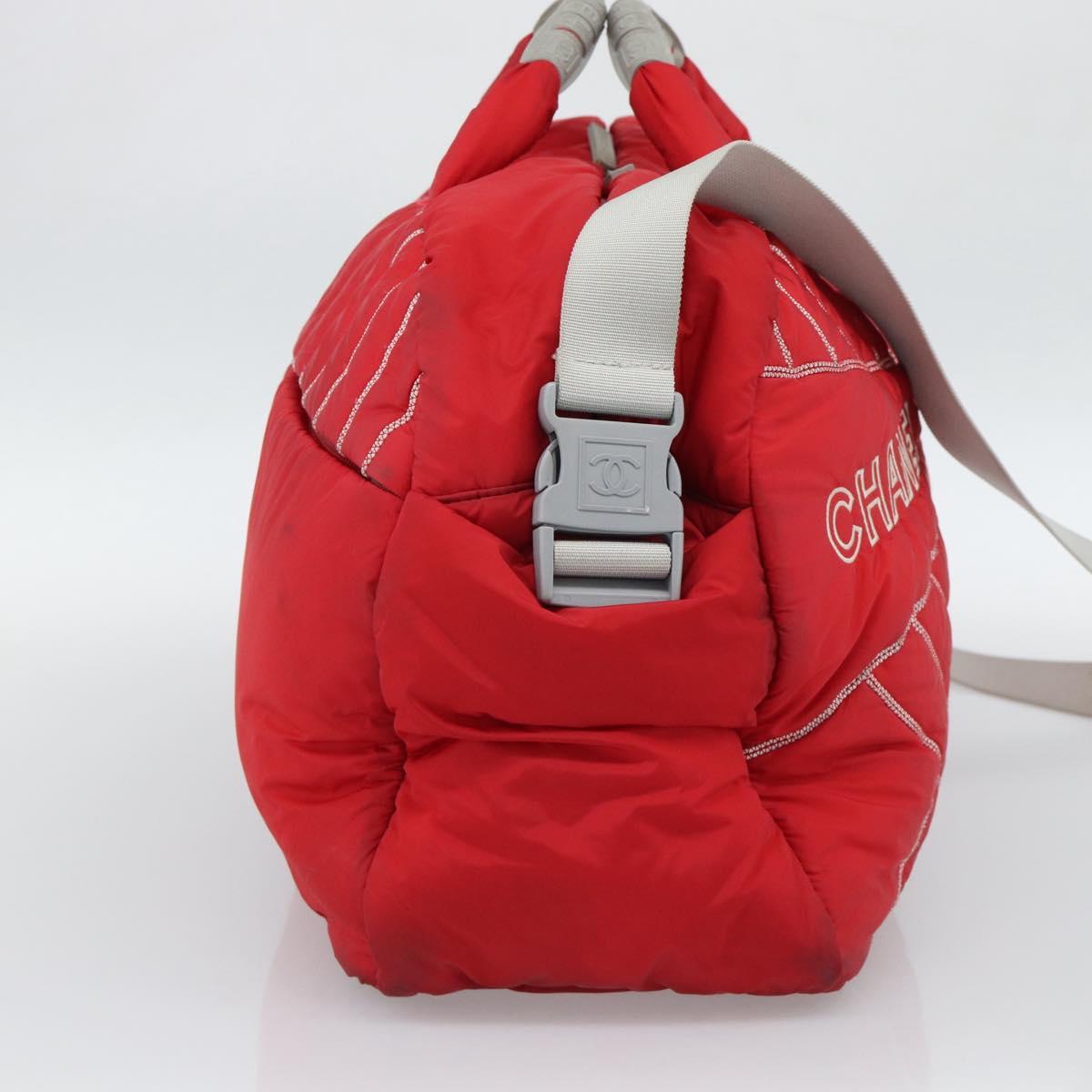 CHANEL Sports Line Boston Bag Nylon Red Silver CC Auth ka5057A
