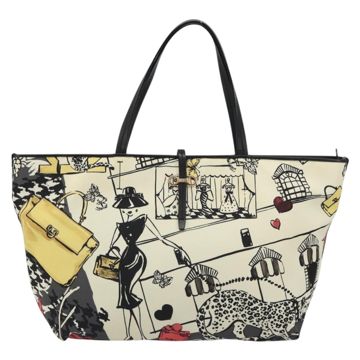 Salvatore Ferragamo Tote Bag Nylon White Gray Auth ka5059A