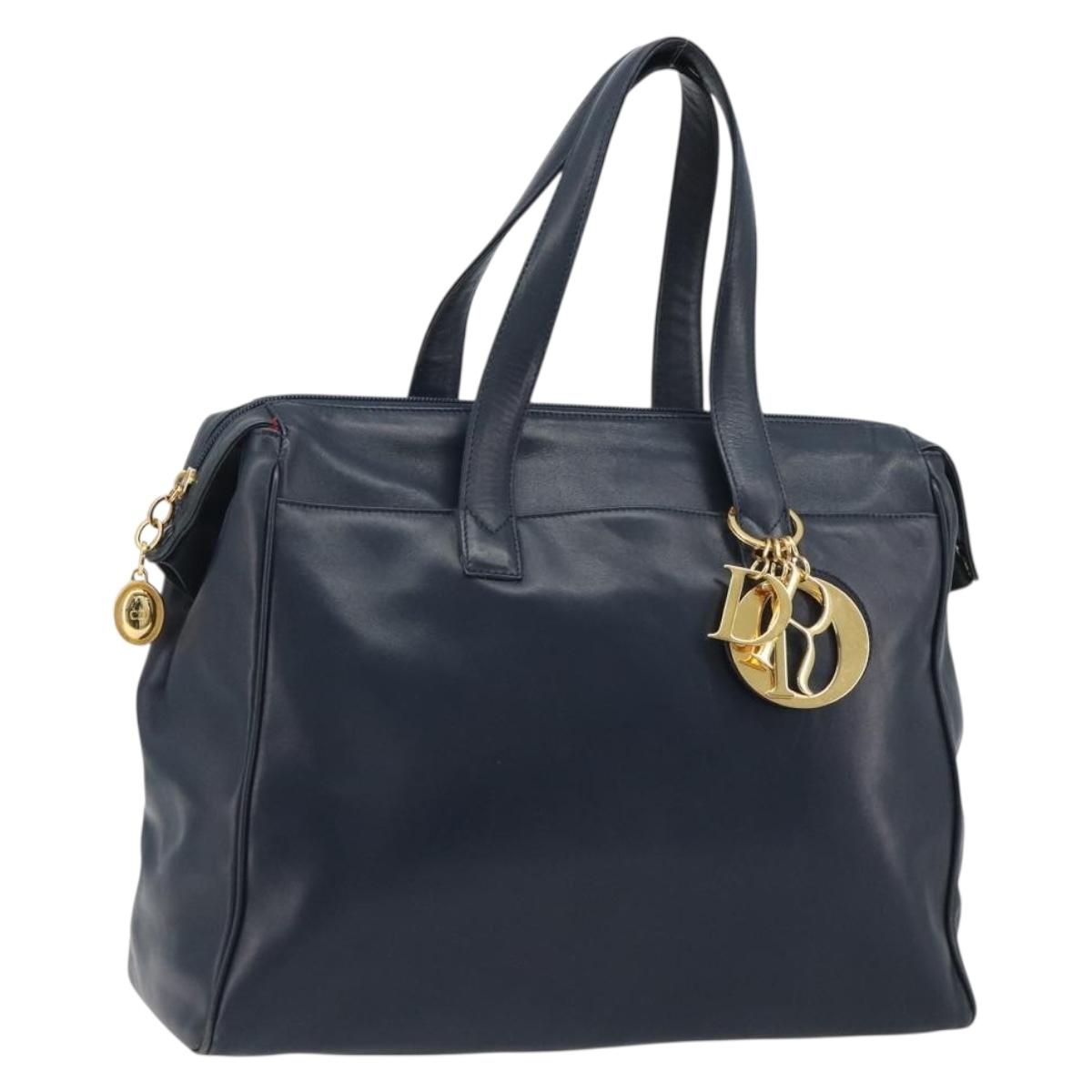 Christian Dior Hand Bag Leather Navy Gold Auth ka5060A