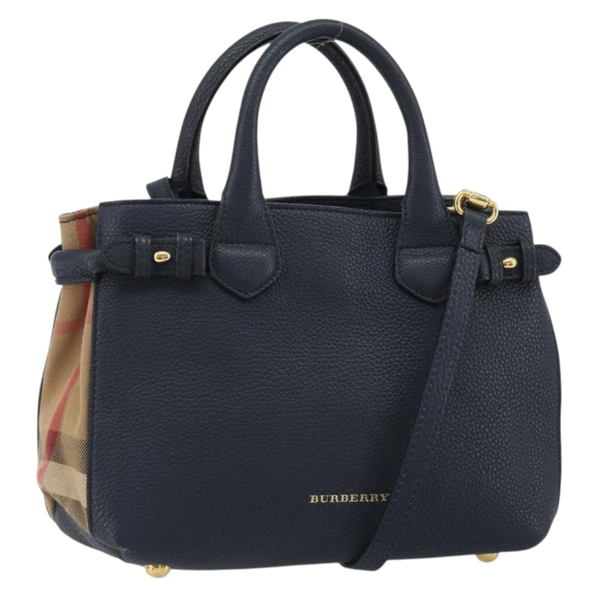 BURBERRY Hand Bag Leather 2way Navy Gold Auth ka5063A