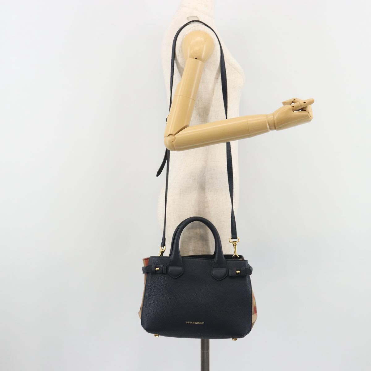 BURBERRY Hand Bag Leather 2way Navy Gold Auth ka5063A