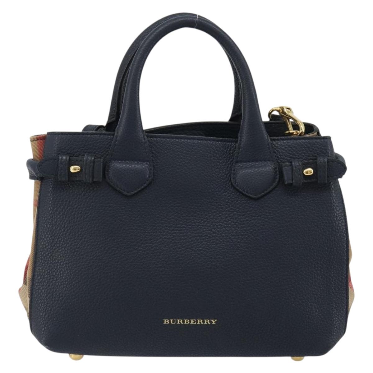 BURBERRY Hand Bag Leather 2way Navy Gold Auth ka5063A