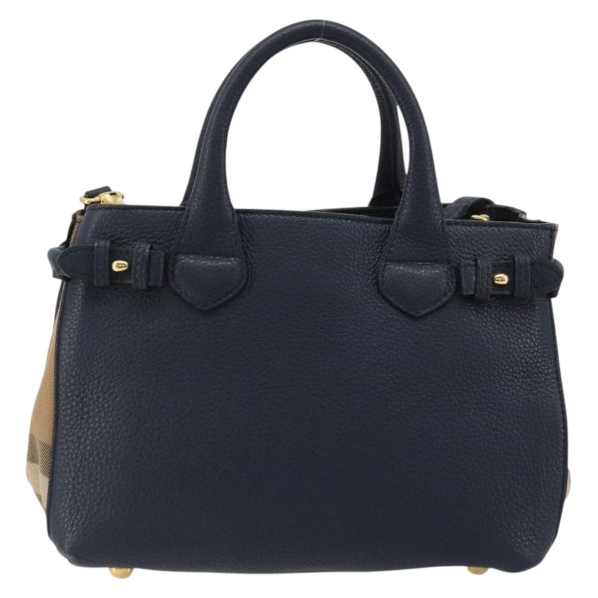BURBERRY Hand Bag Leather 2way Navy Gold Auth ka5063A