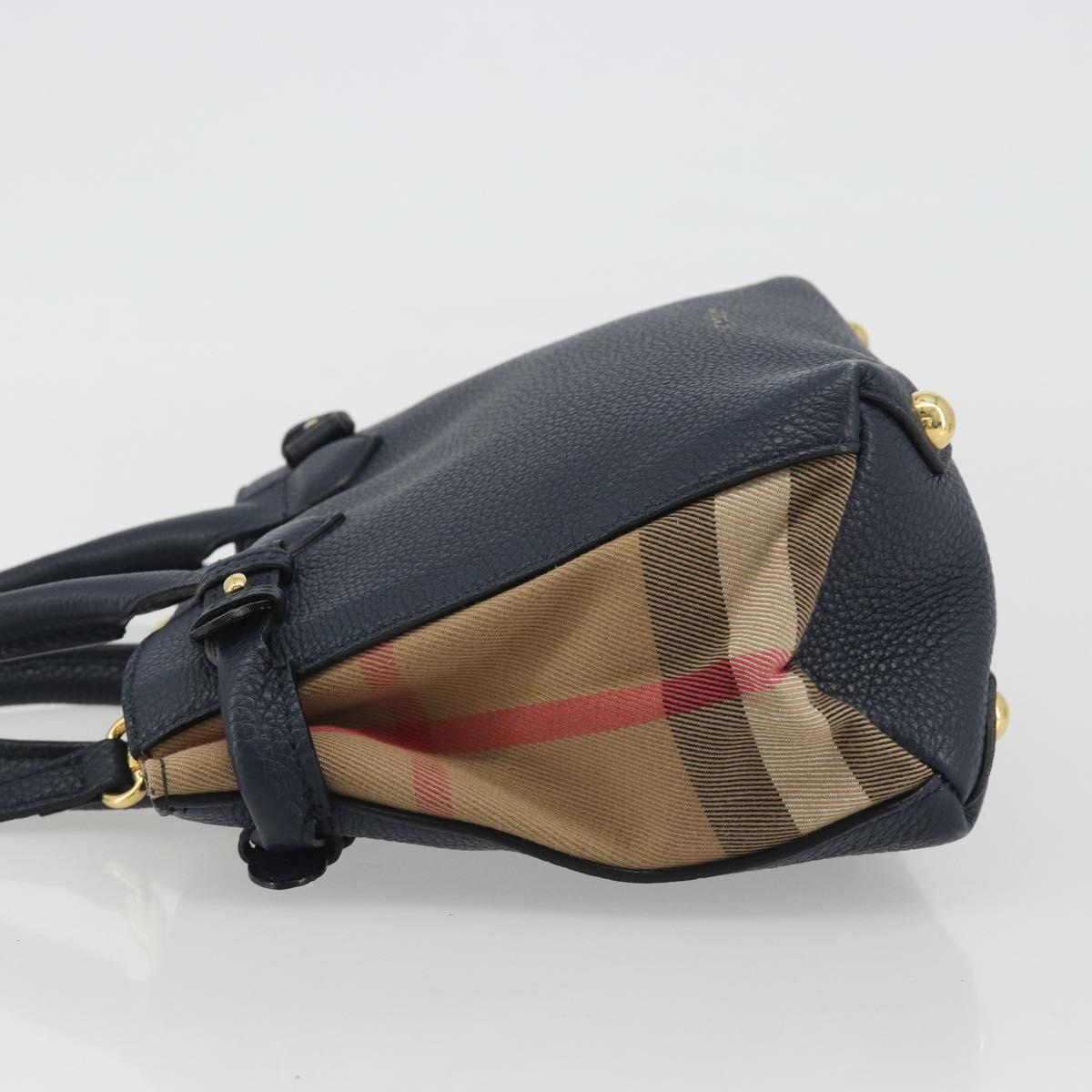 BURBERRY Hand Bag Leather 2way Navy Gold Auth ka5063A