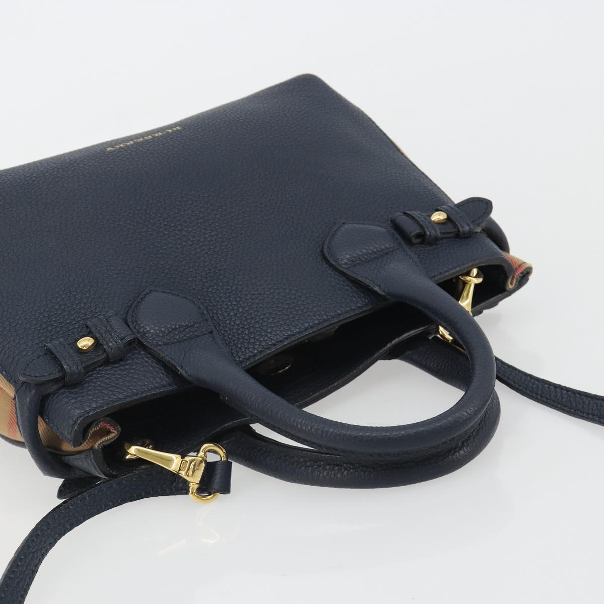 BURBERRY Hand Bag Leather 2way Navy Gold Auth ka5063A