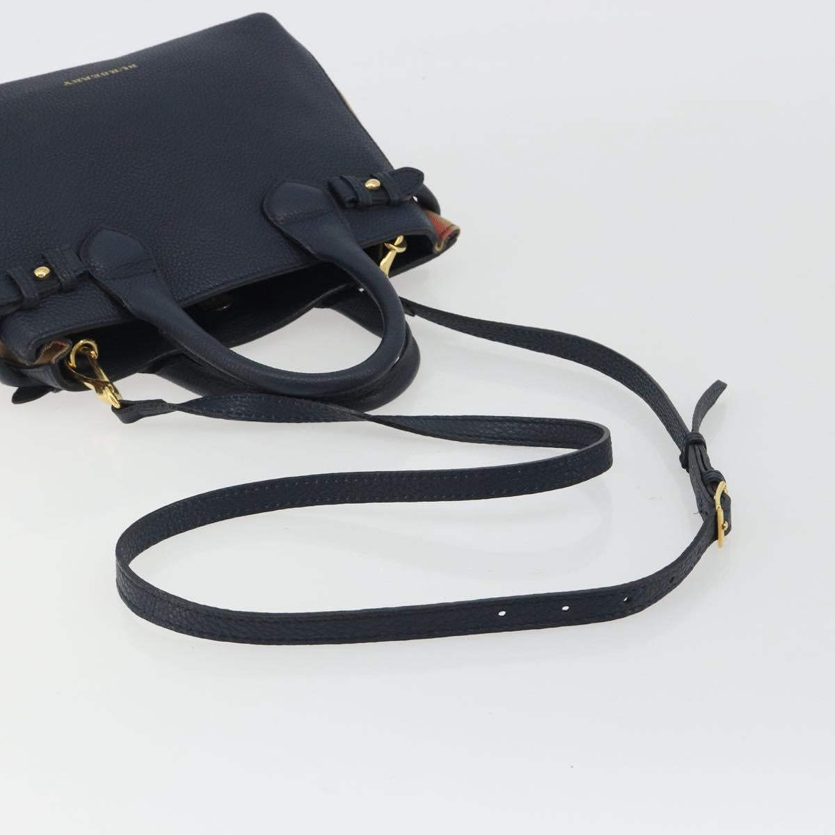 BURBERRY Hand Bag Leather 2way Navy Gold Auth ka5063A