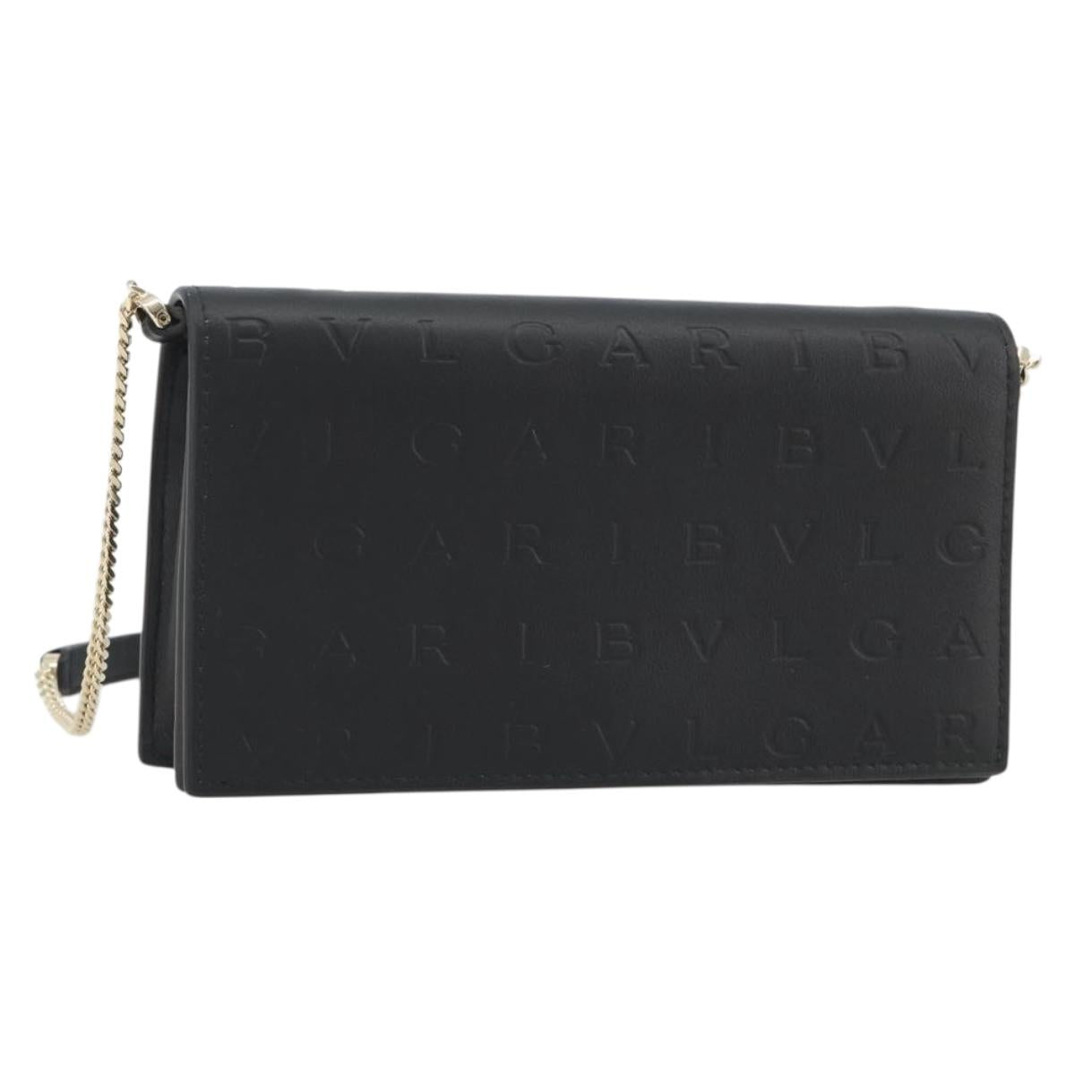 BVLGARI Chain Shoulder Bag Leather Black Gold Auth ka5073V
